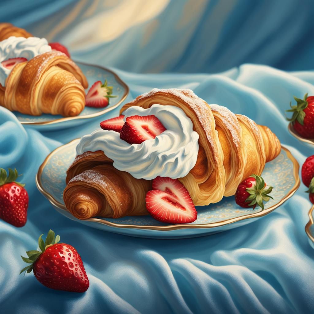 Strawberry Croissant Still Life in Oil Painting Style