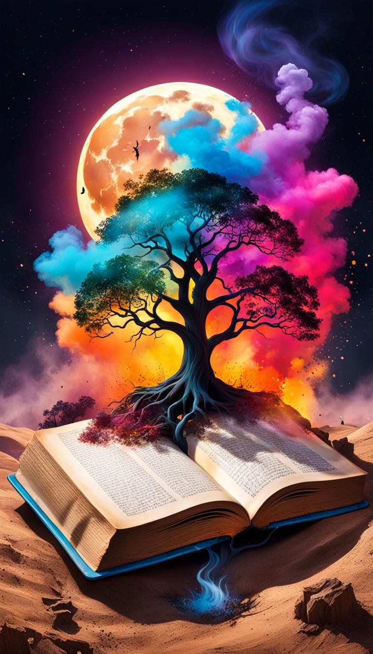Ornate Magic Book with Colorful Desert Background