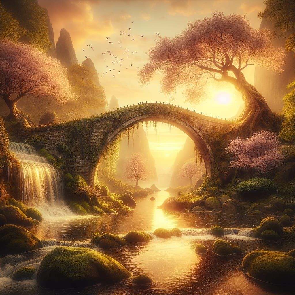 Golden Sunset Fantasy Bridge Landscape