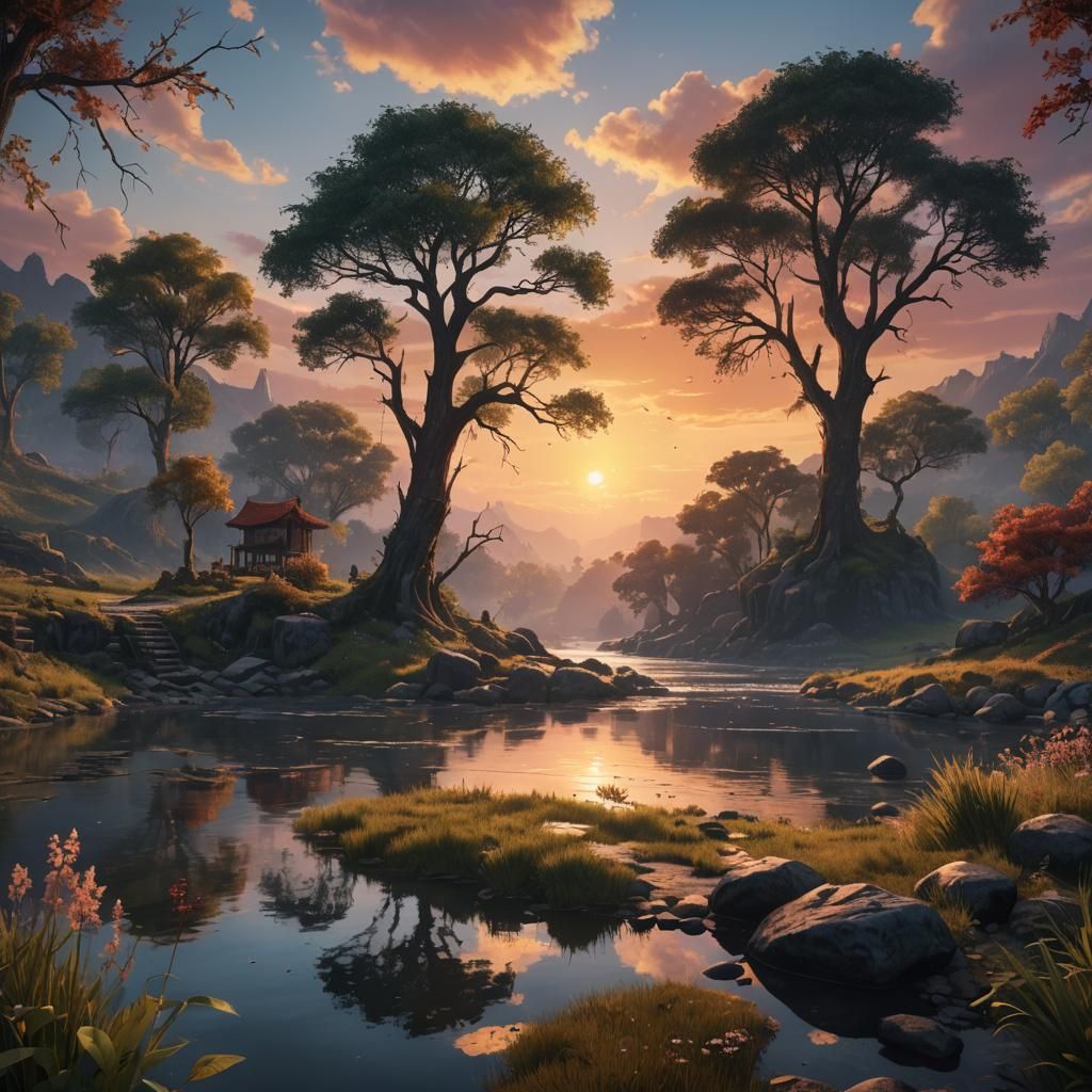 Serene Sunset River Scene in Detailed Matte Painting