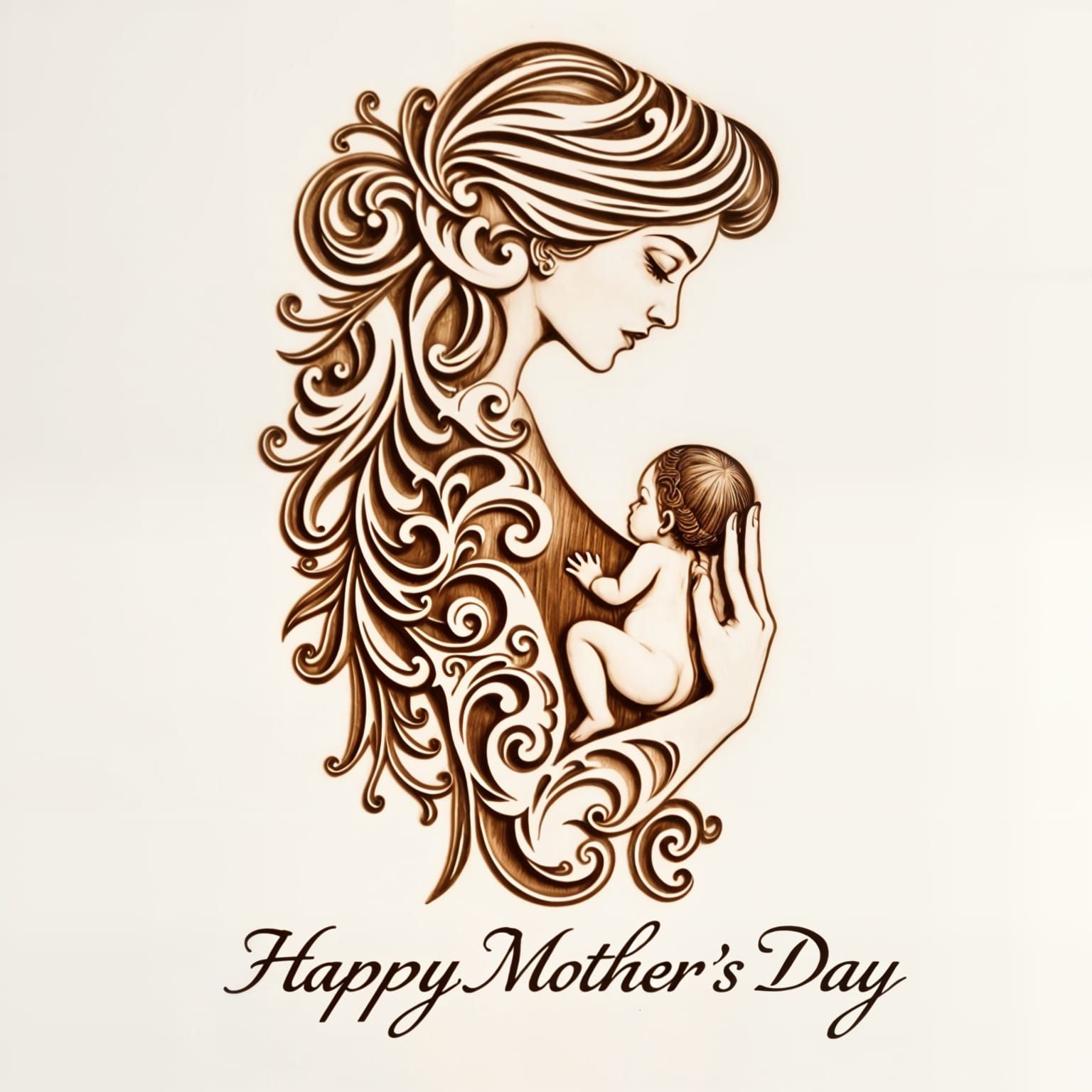 Mother's Day Portrait in Whimsical Wood Block Style