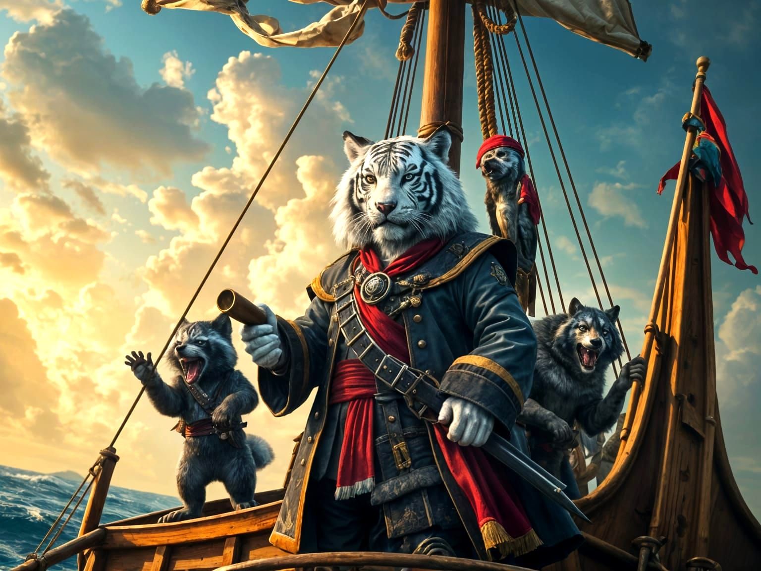"A majestic white tiger dressed as a pirate captain with an ...