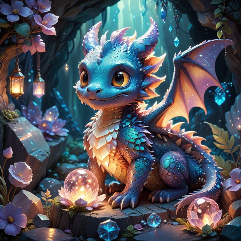 Cute Chibi Dragon on Iridescent Crystals in Ghibli Style