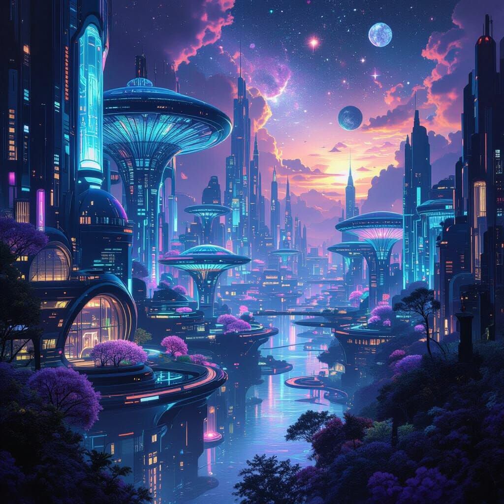 Bioluminescent Cityscape in Organic Futurism Style