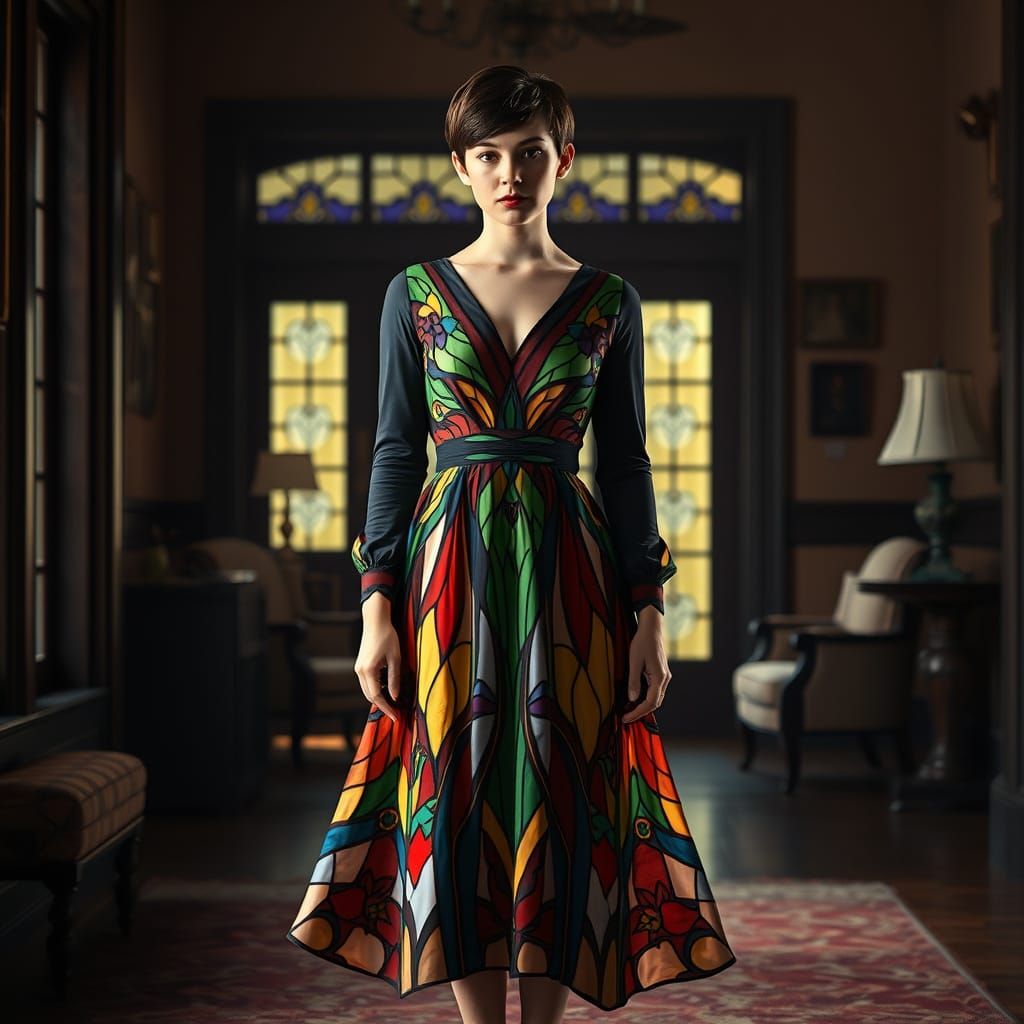 Woman in Stained Glass Dress in Arts and Crafts Parlor