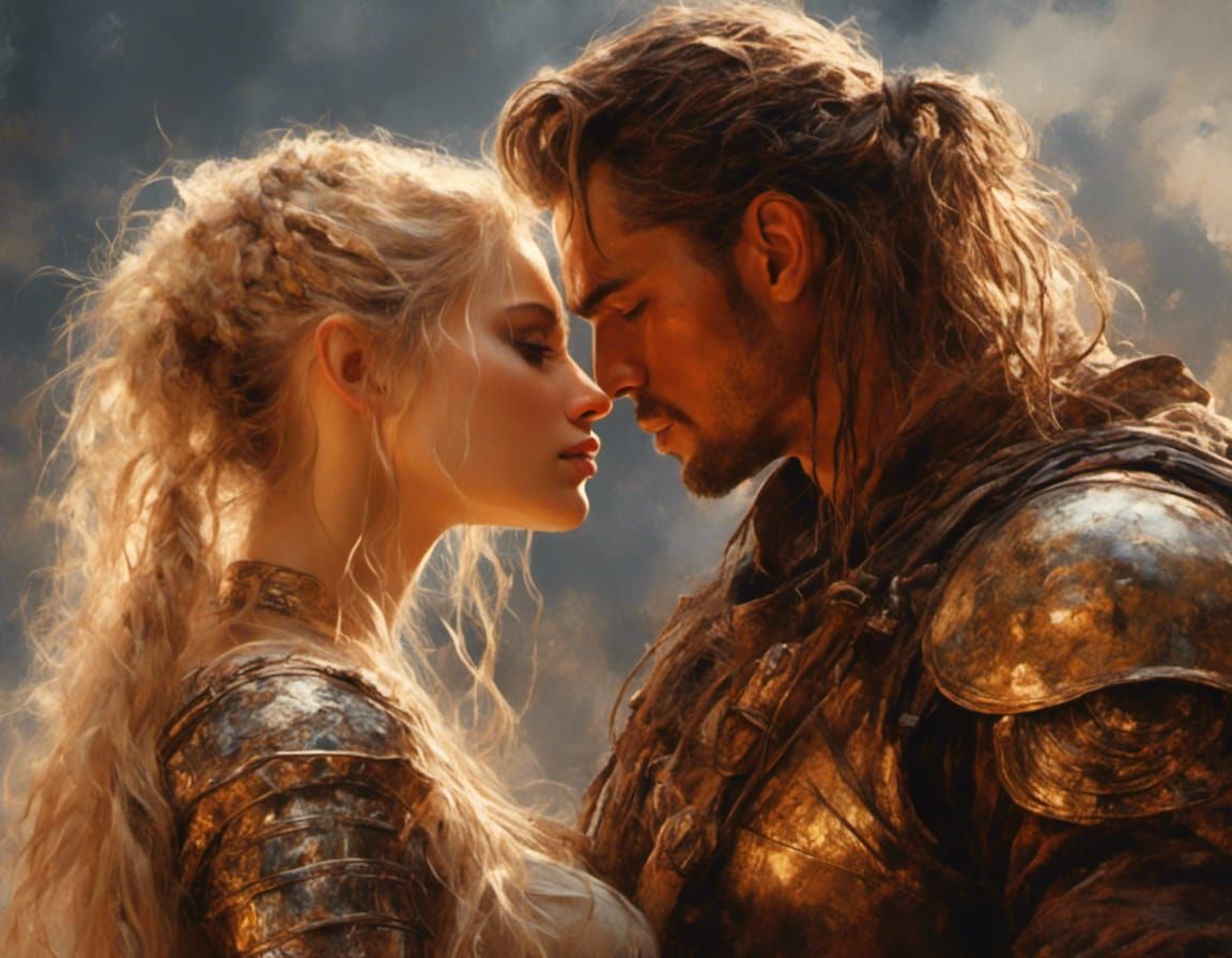 Romantic Kiss Between Fighters in High Fantasy Style