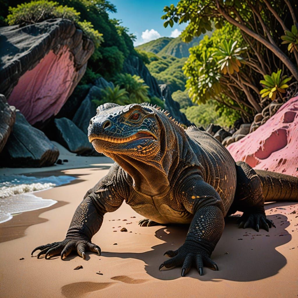 Komodo Dragon Emerges on Vibrant Pink Beach