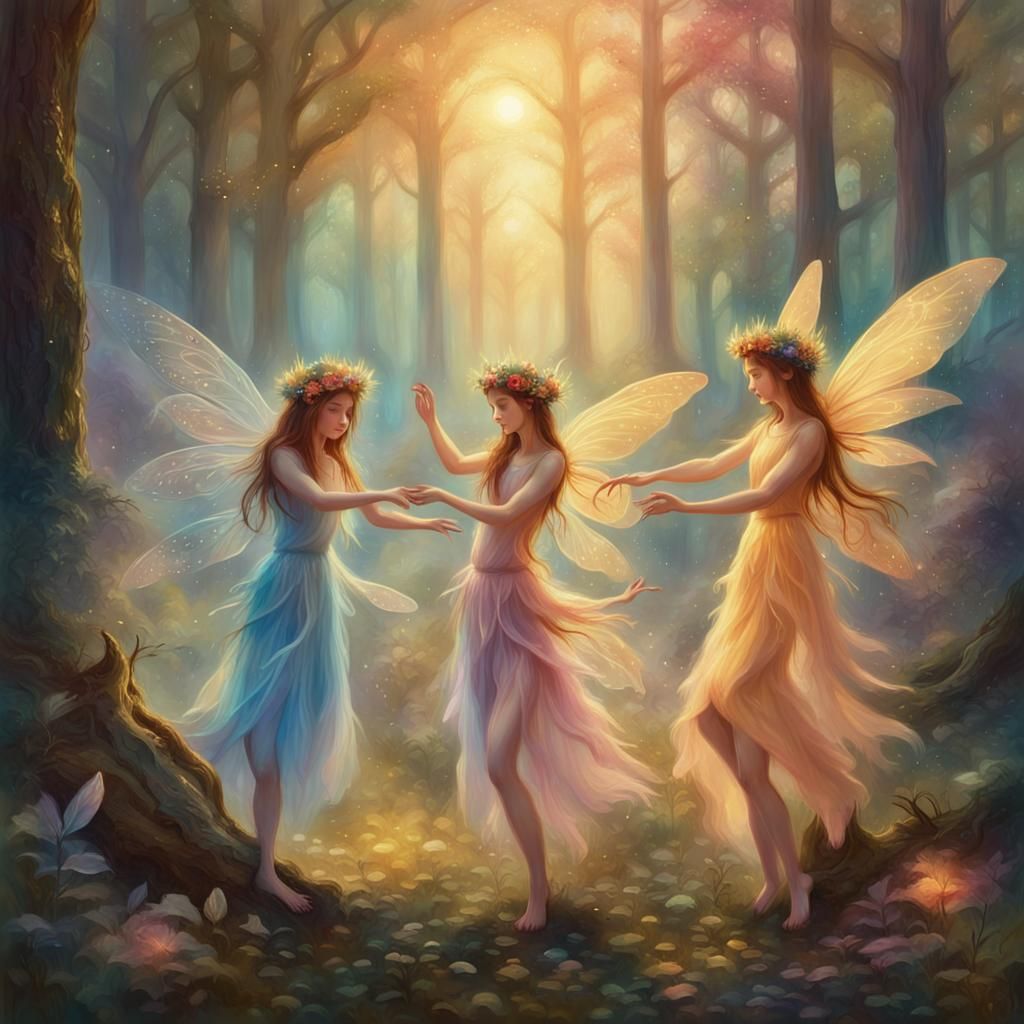 Fairies Dance in Enchanted Forest: Whimsical Concept Art