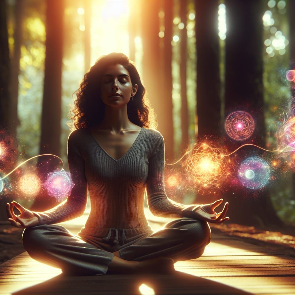 Meditating Woman in Forest with Cosmic Energies