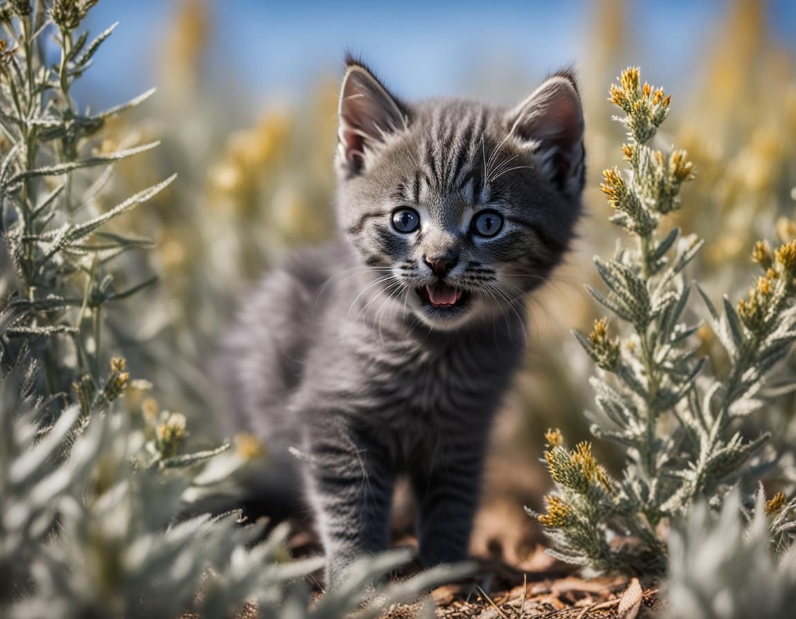 Tiny Gray Kitten Hiding in Sagebrush