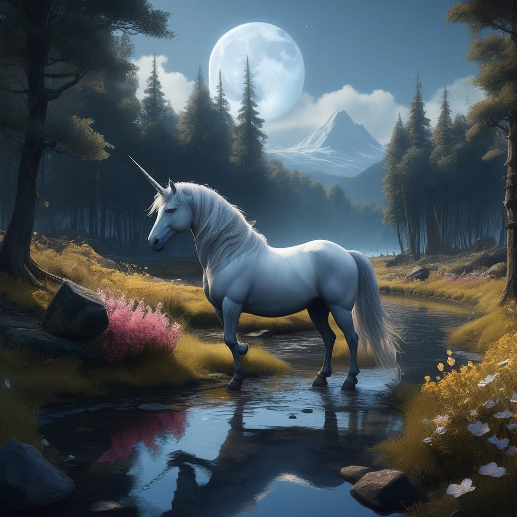 Majestic Unicorn in Dreamlike, Moonlit Landscape