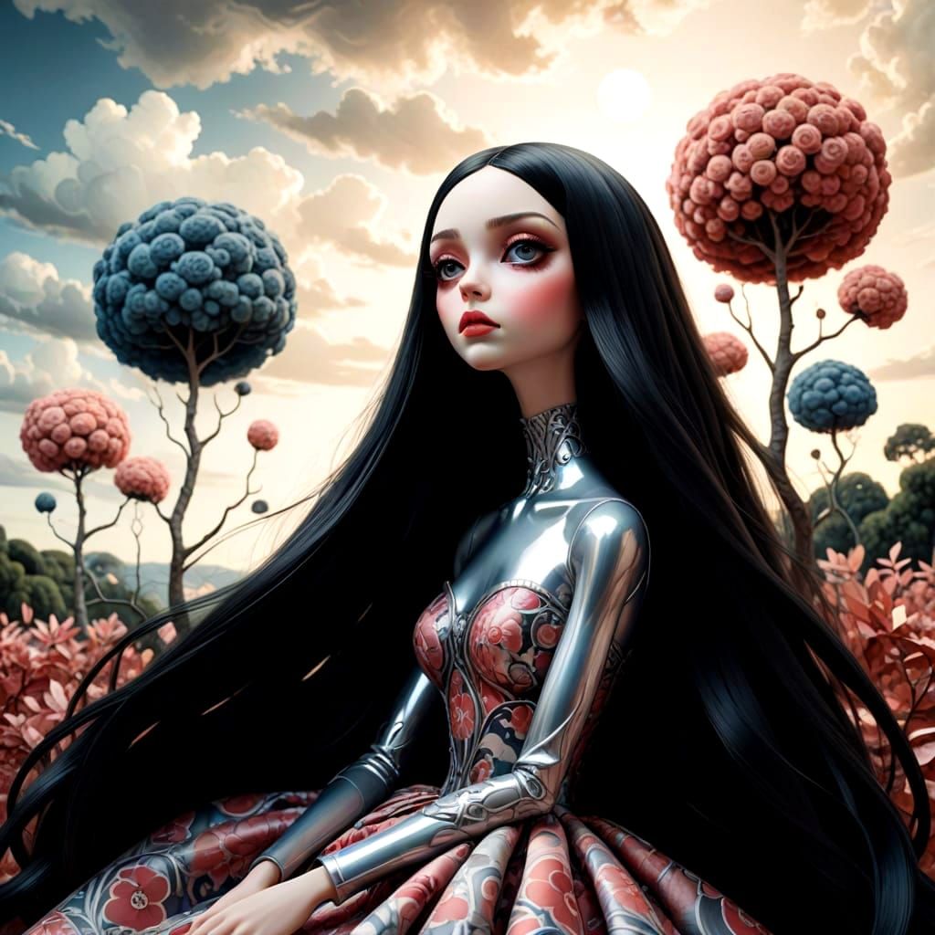 Stylized Doll Figure in Dreamlike Landscape