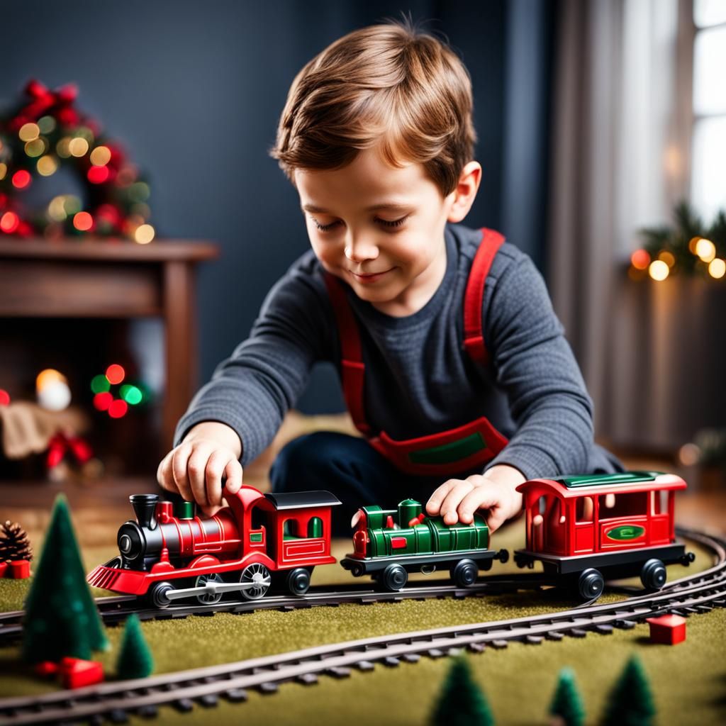 Boy Plays with Christmas Train Set
