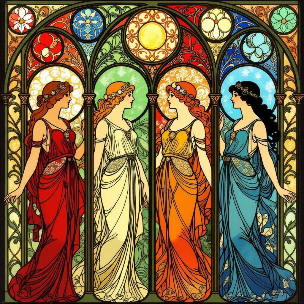 Elegant Women in Art Nouveau Stained Glass Style