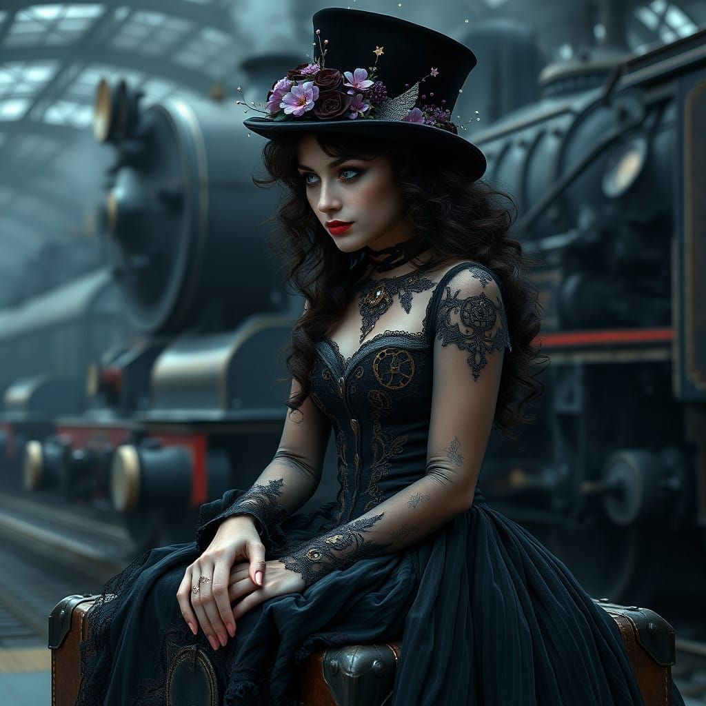 Ethereal Goth Woman in Steampunk Attire, Lost in Thought