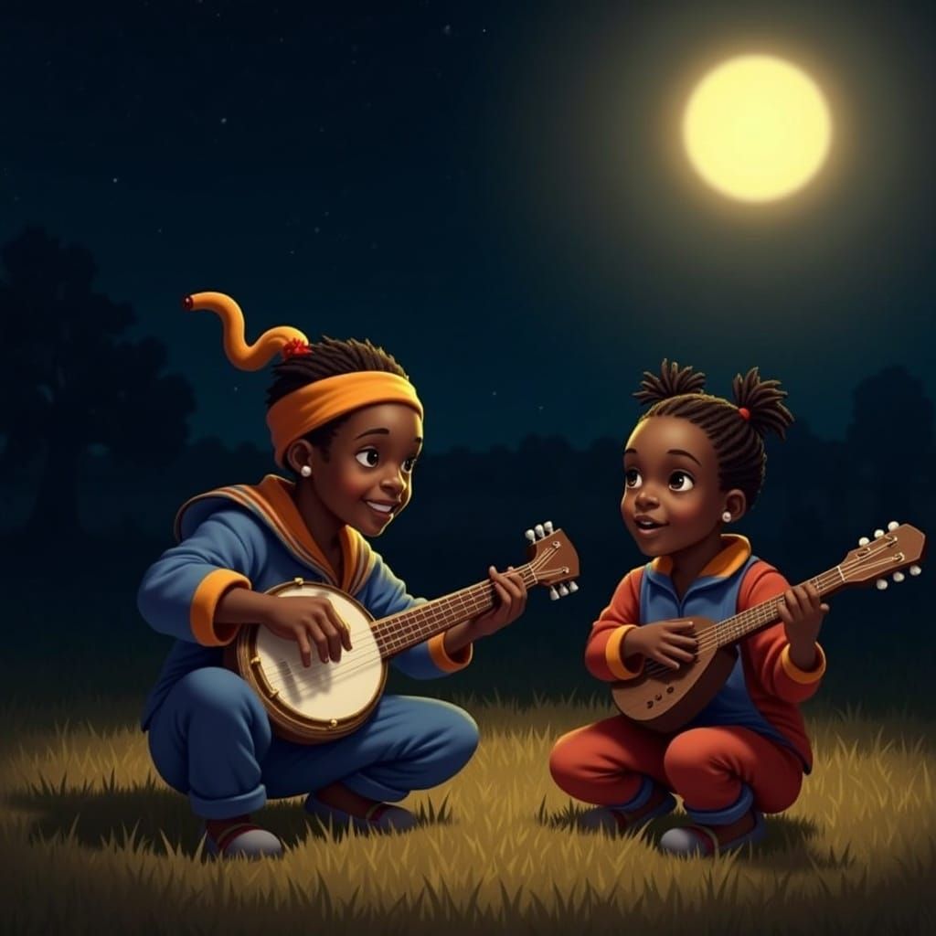 African Children Playing Banjos in Field at Night