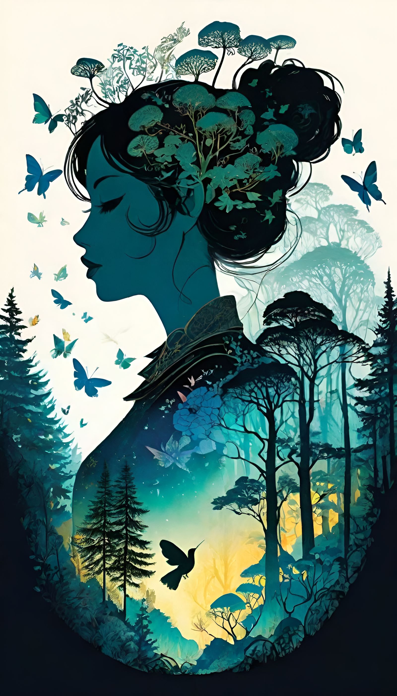 Anime Fairy Silhouette in Nature Double Exposure