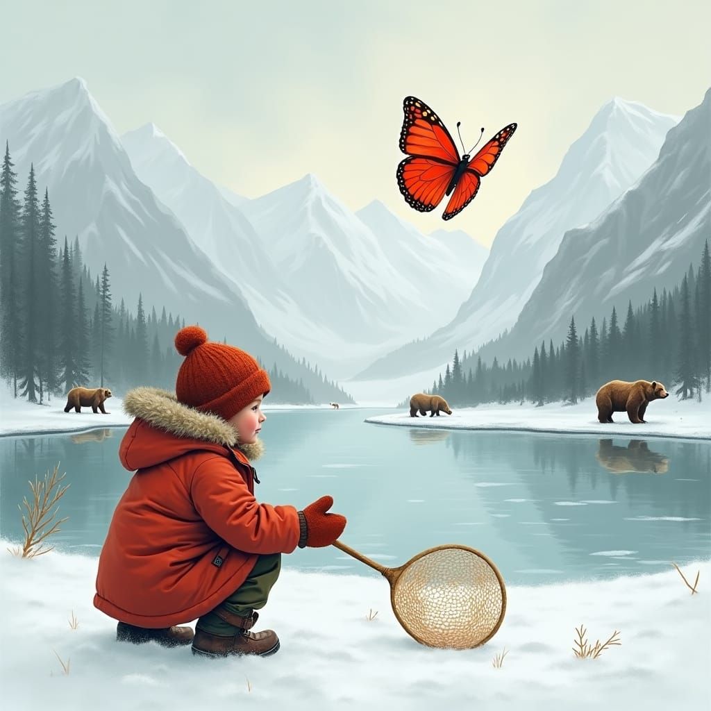 Red Butterfly Over Frozen Lake, Fairy-Tale Illustration