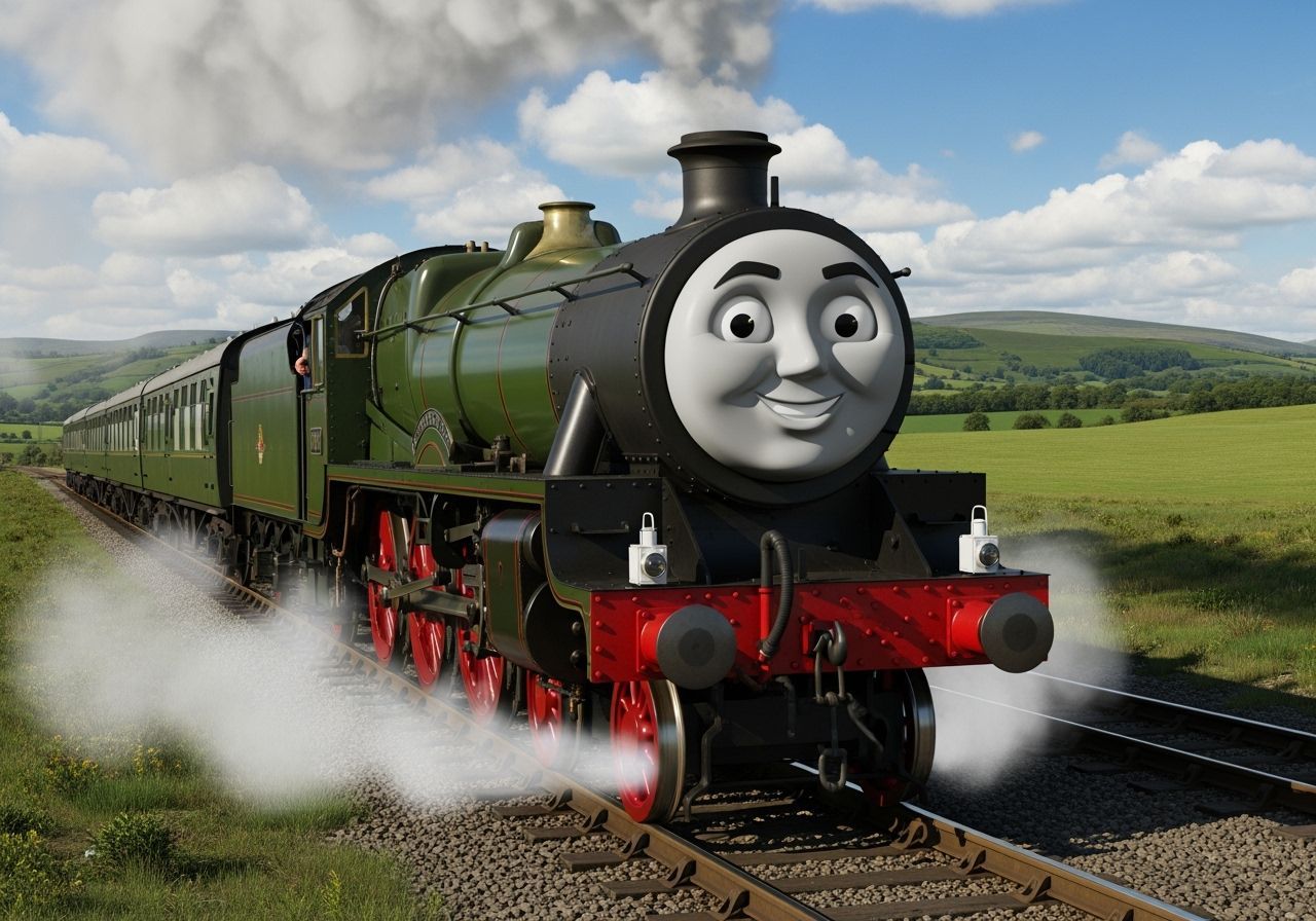 Whimsical Steam Train with a Friendly Face on Tracks