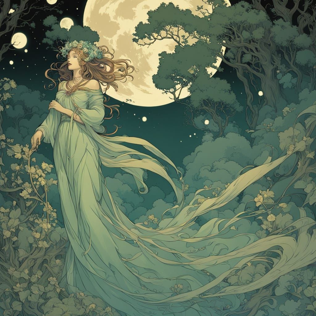 Ethereal Forest Sylph Dances in Art Nouveau Style