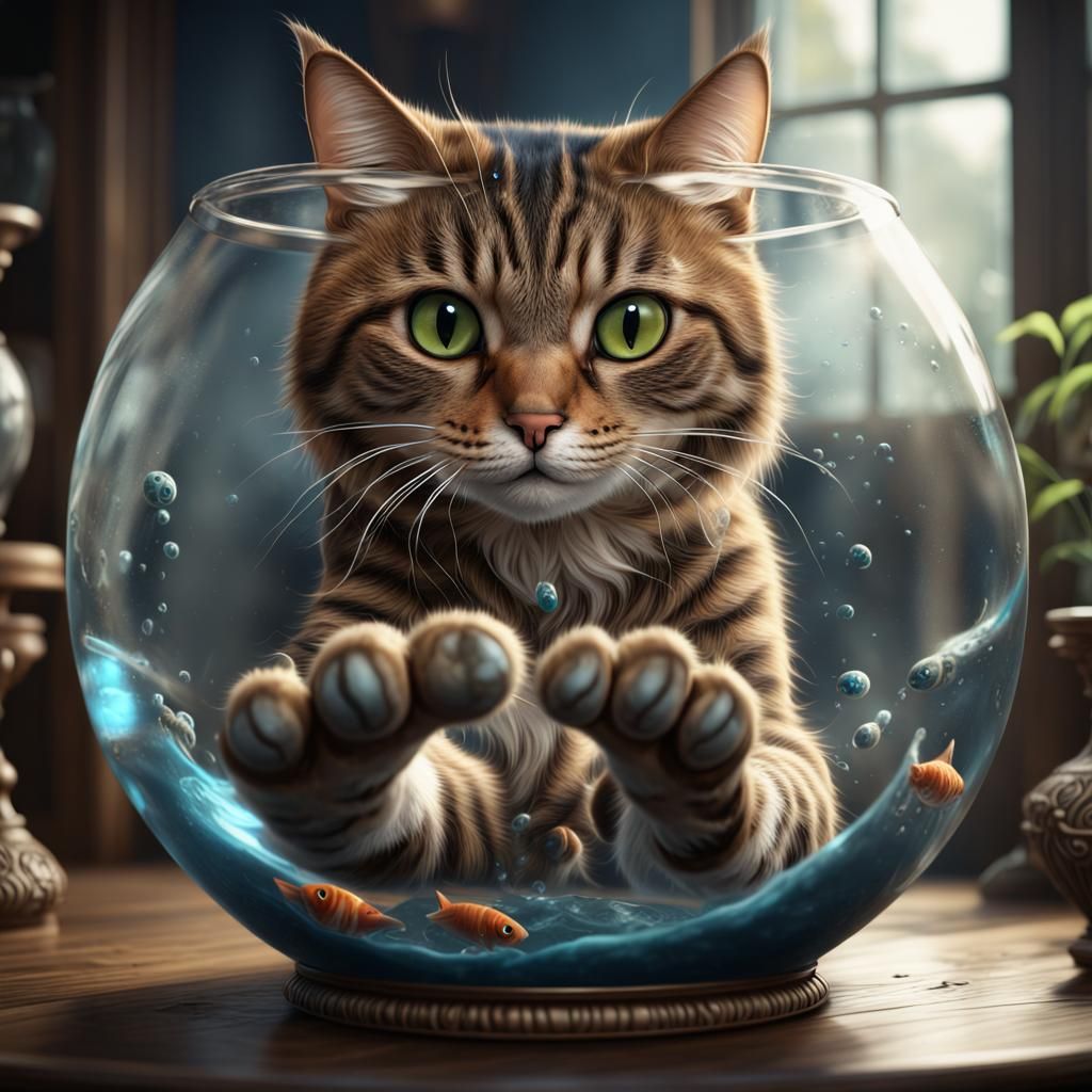 Brown Tabby Cat Pawing at Fishbowl: Digital Art