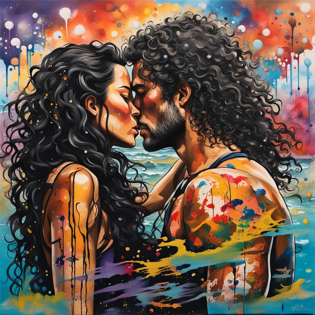 Kissing Couple on Beach in Graffiti Art Style