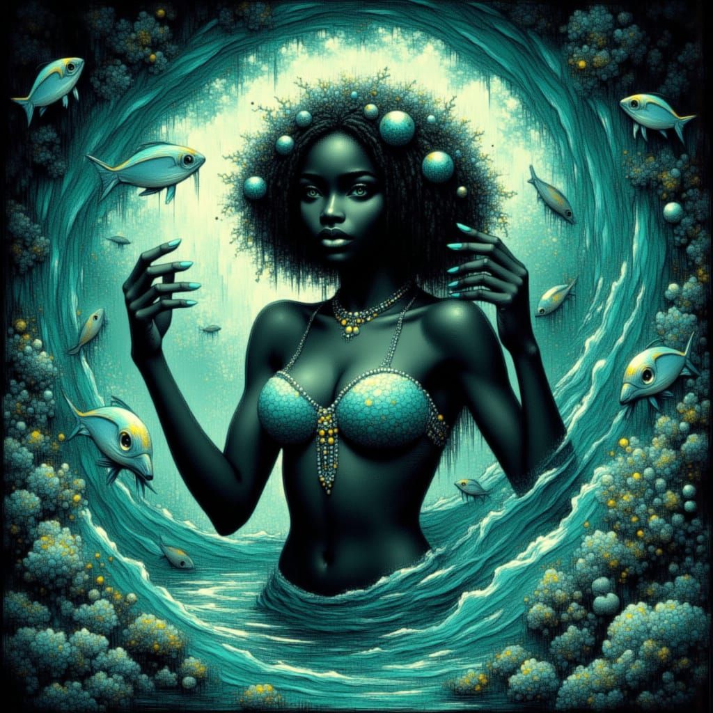 Serene Black Goddess Mami Wata Rises from Ocean Vortex