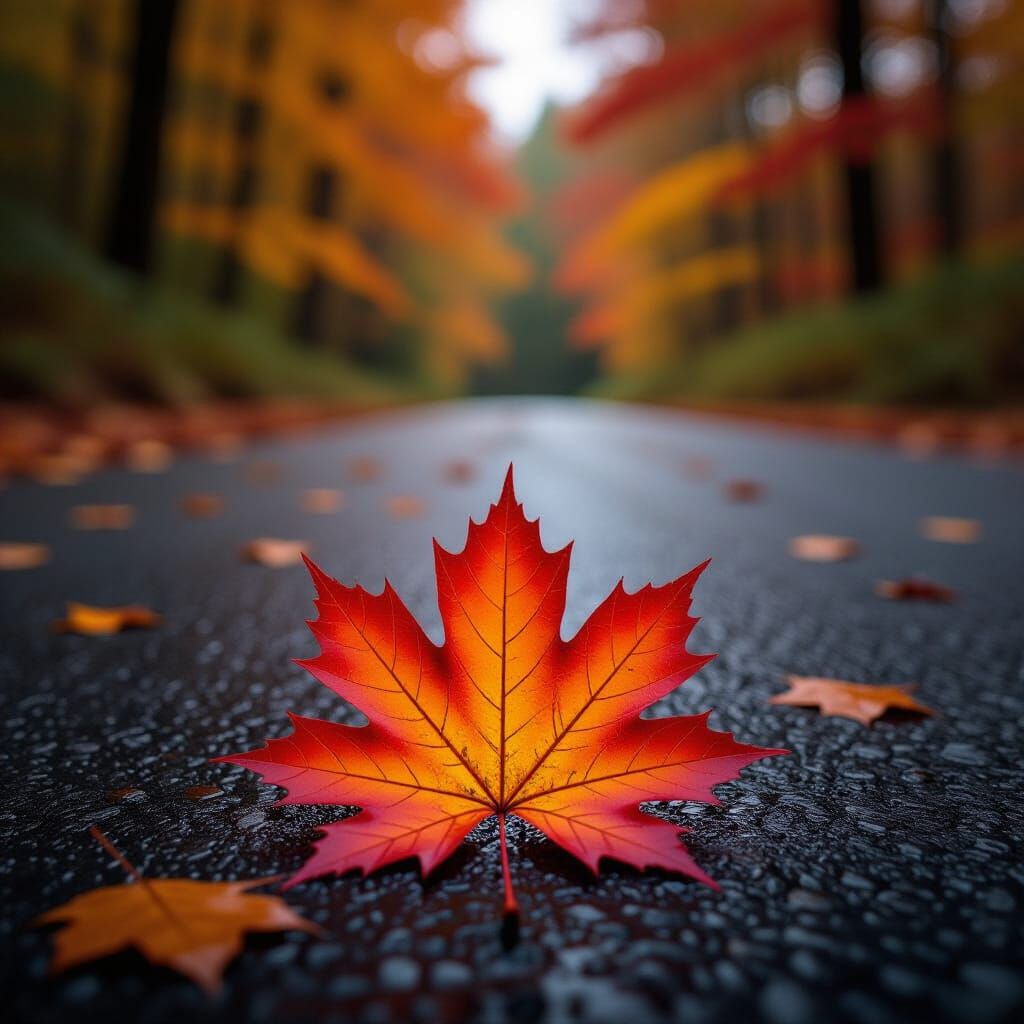 Red Maple Leaf on Wet Asphalt Road
