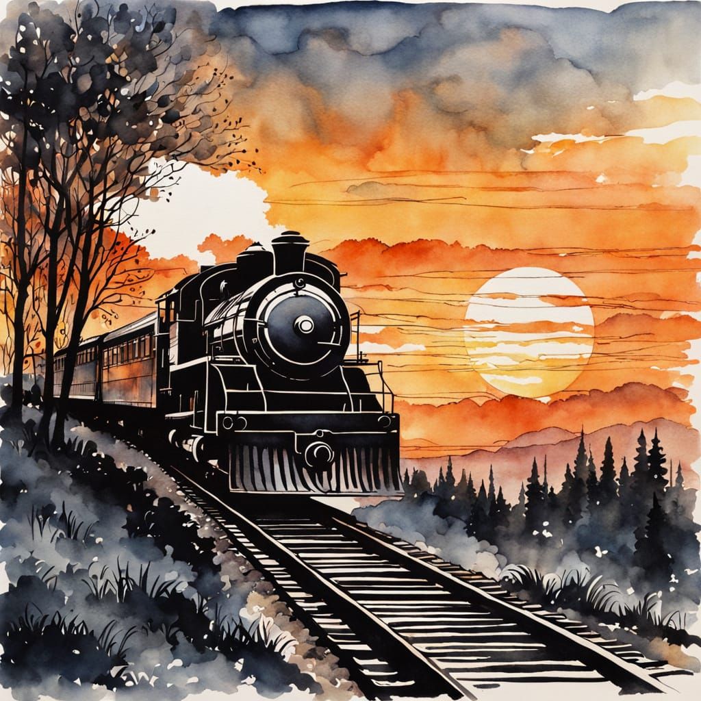 Whimsical Train Ride over a Sunset Waterfall