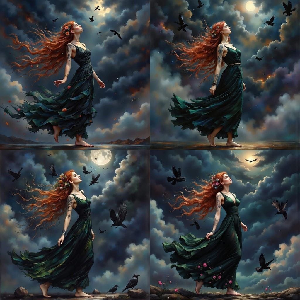 Fae Queen Dancing Under Stormy Sky, Surreal Oil Painting