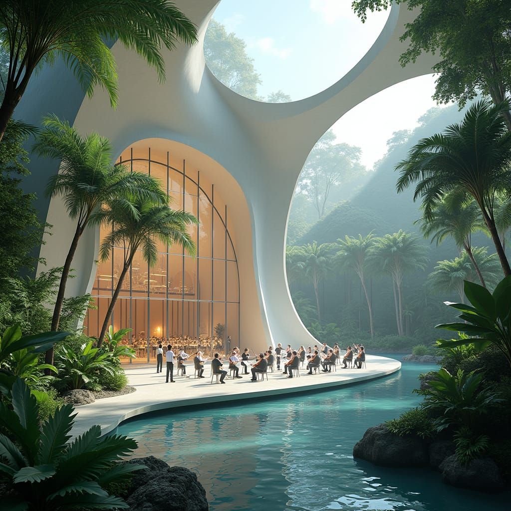 Sleek Futuristic Concert Hall in Tropical Rainforest