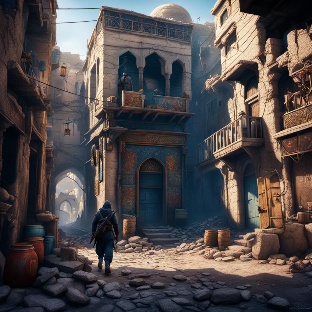 Palestine Street Scene with Bandits: Detailed Matte Painting