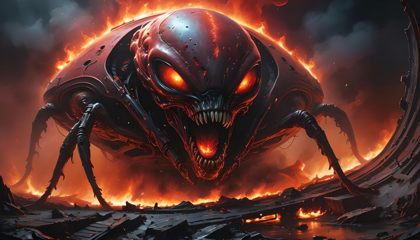 Hyperdetailed Alien Emerges from Crashed UFO