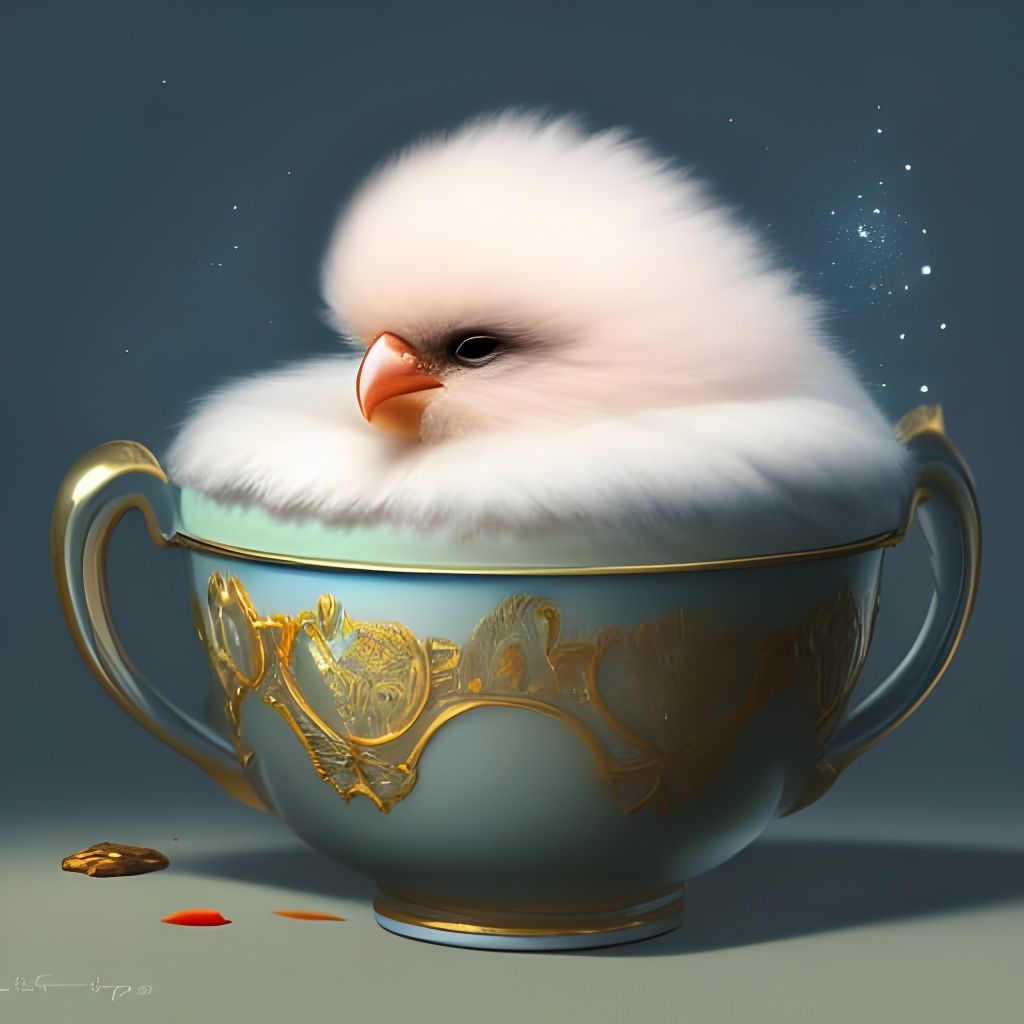 Baby Bird's Teacup Dream: Detailed Fantasy Art