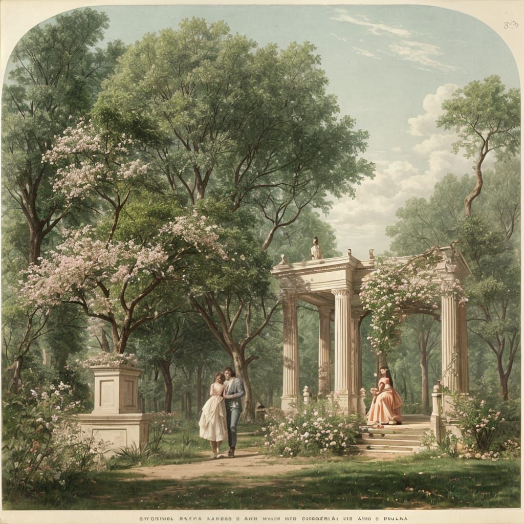 Idyllic Palladian Garden with Blossom Trees