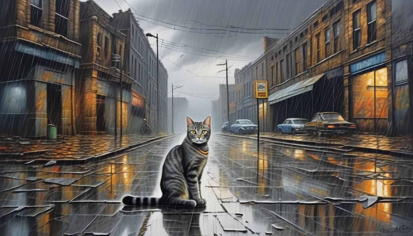 Post-Apocalyptic Cityscape with Tabby Cat in Oil Painting St...