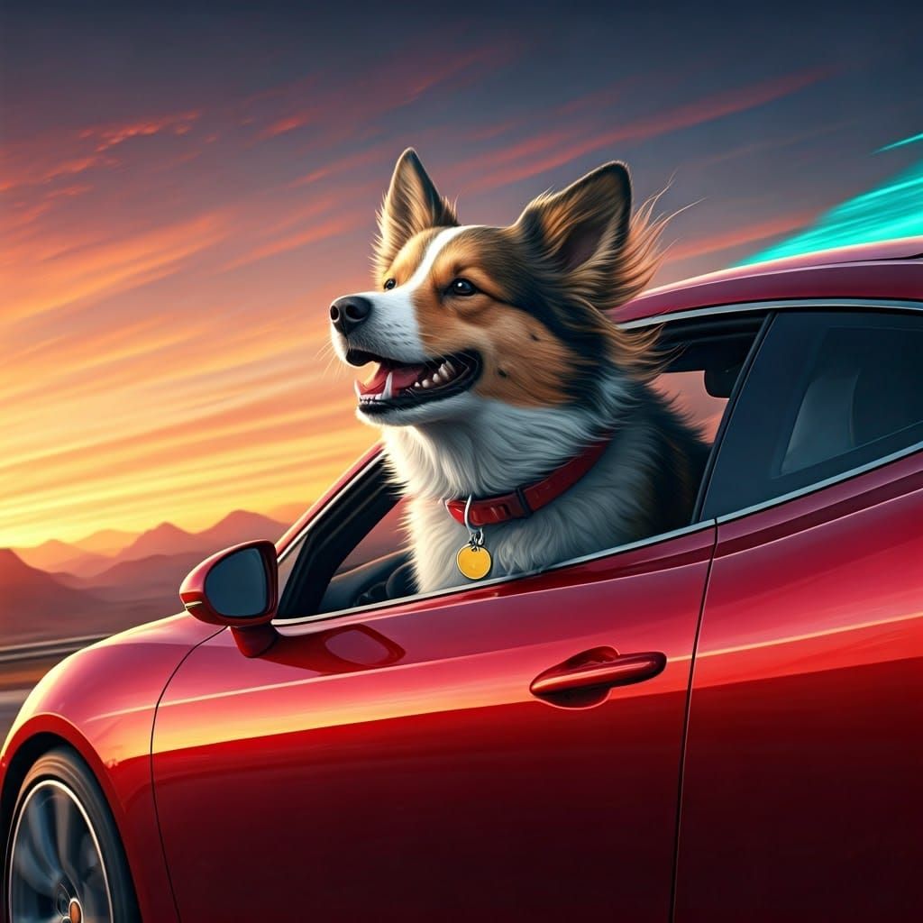 Dog's Joyful Ride at Sunset: Fantastical Concept Art
