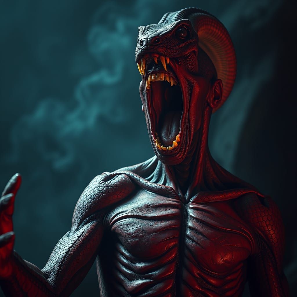 Agonized Serpent-Headed Man in Hyperrealistic Style