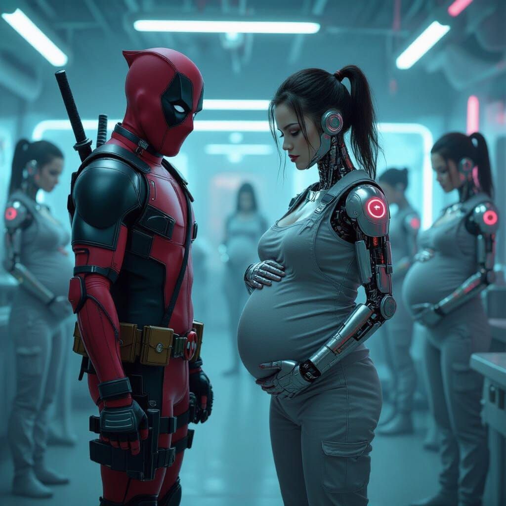 Confused Deadpool in Cyberpunk Baby Factory with Pregnant Cy...