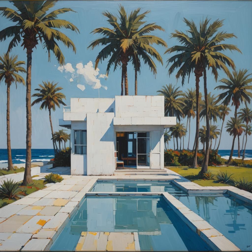 Minimalist Beach House View in Mondrian Art Style