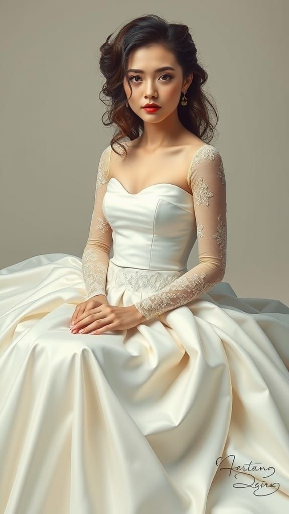 A bride sits serenely, embodying elegance and grace. Her latex gown features a classic design with a fitted bodice...