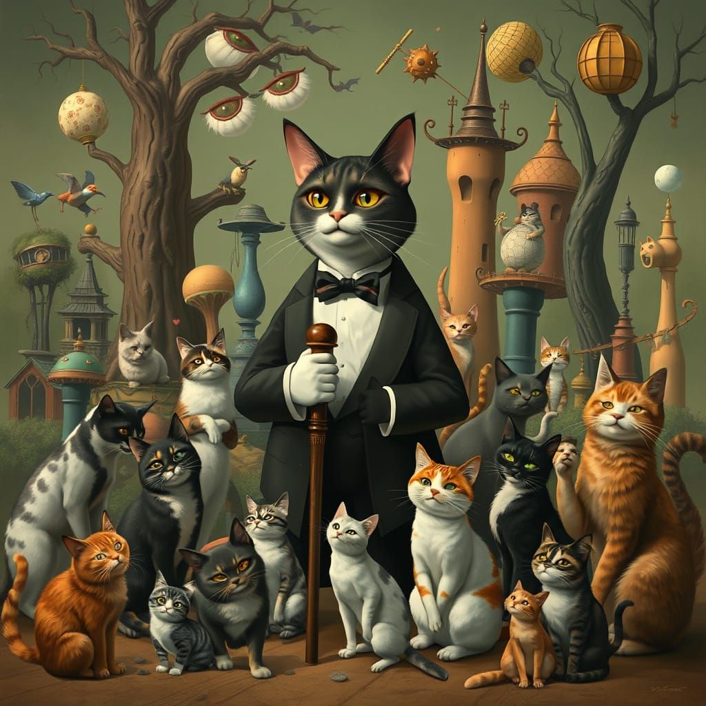 Anthropomorphic Cats in a Surreal Whimsical Scene