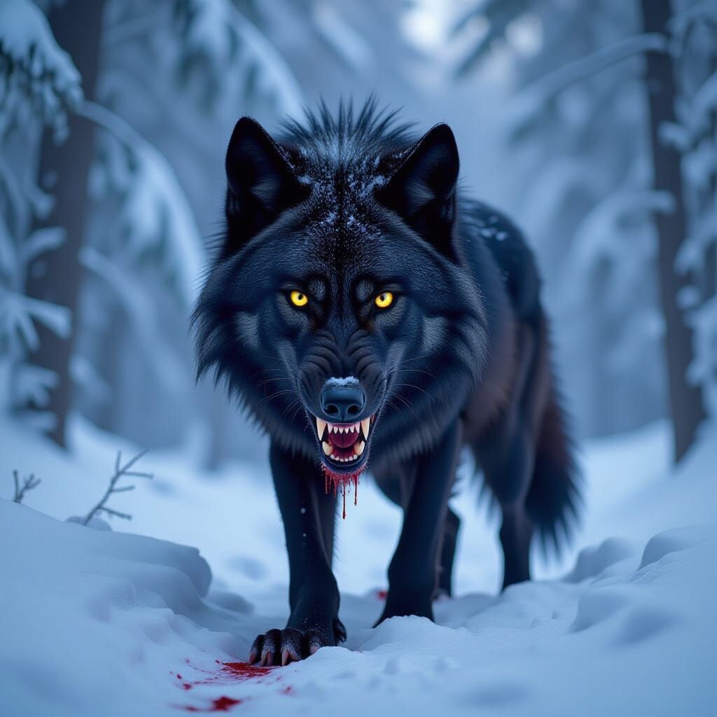 Lone Black Wolf in a Dark Fantasy Scene