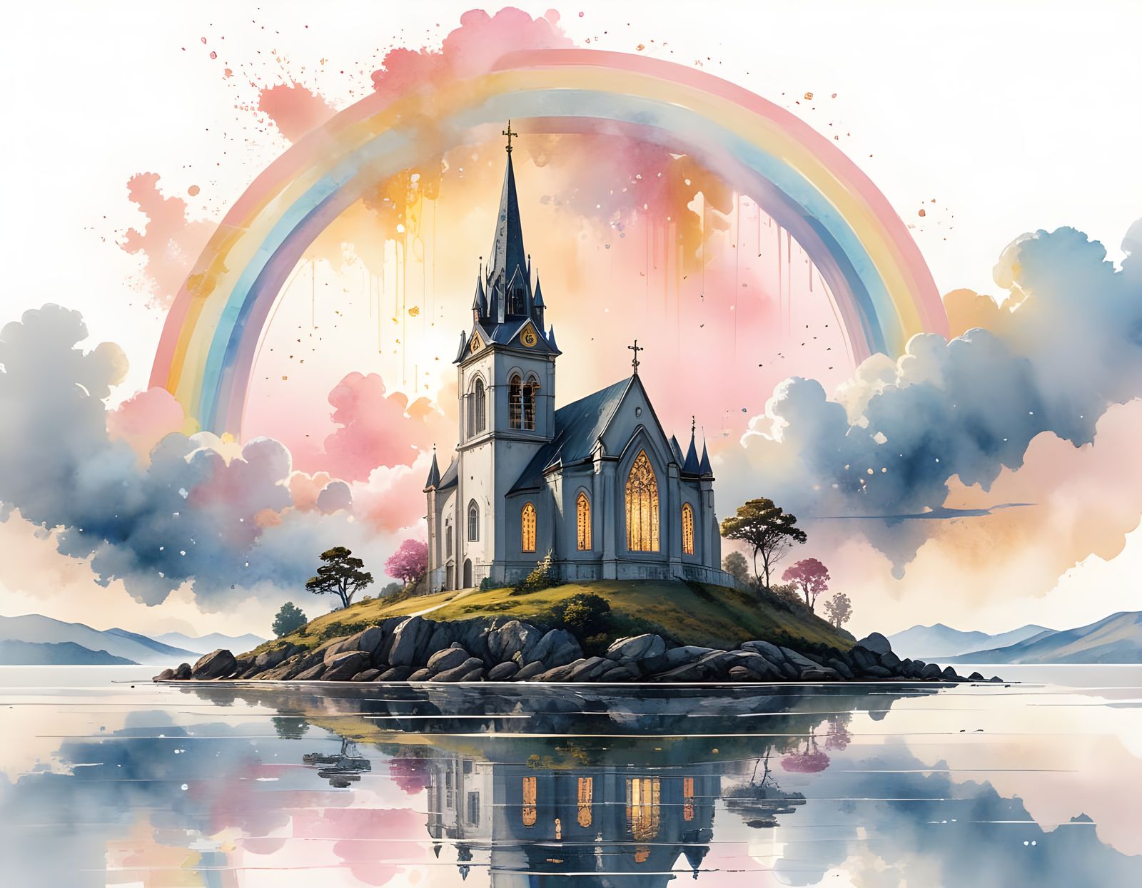 Templar Church Rainbow in Sumi-e Ink Art