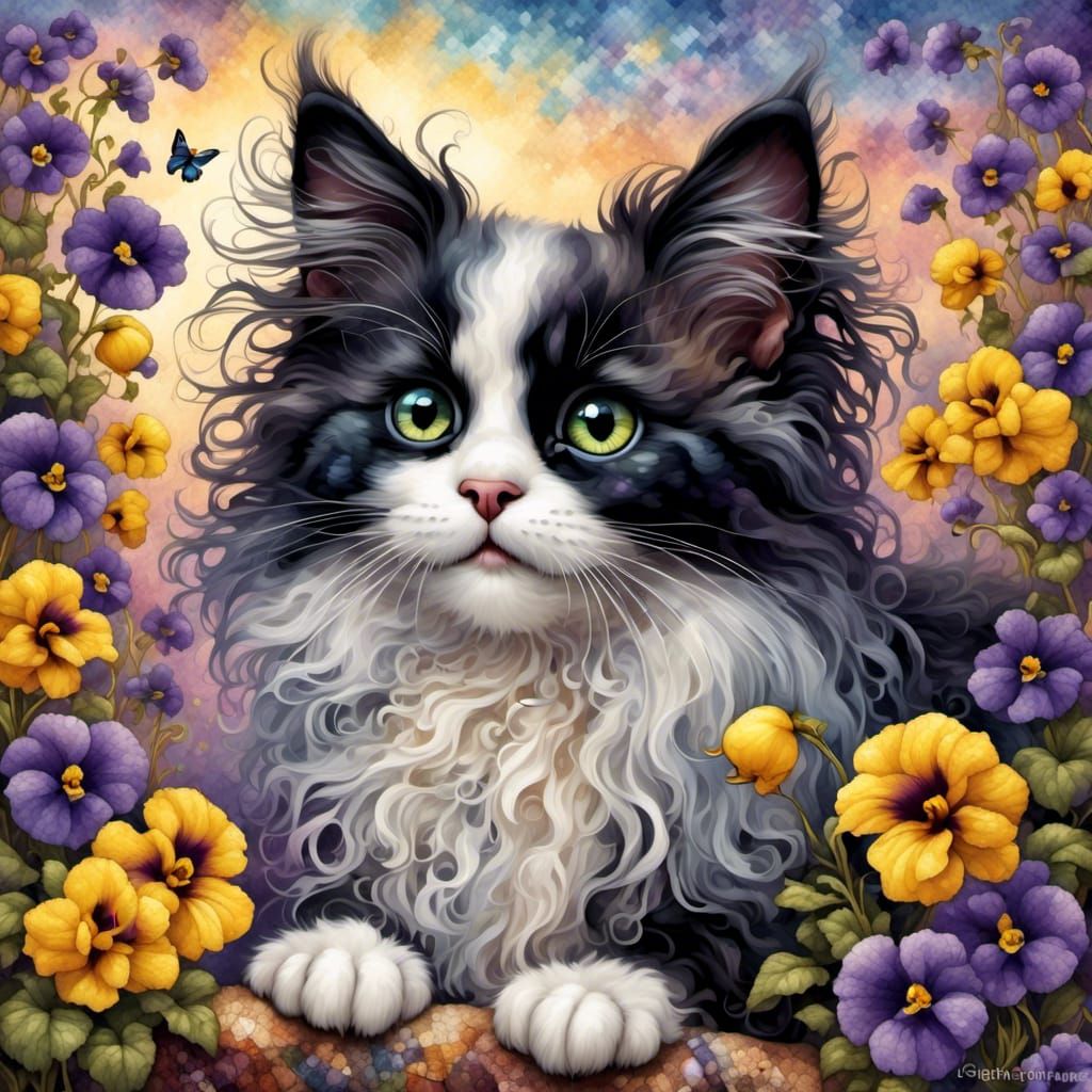 Black and White Kitten with Yellow Chick and Pansies