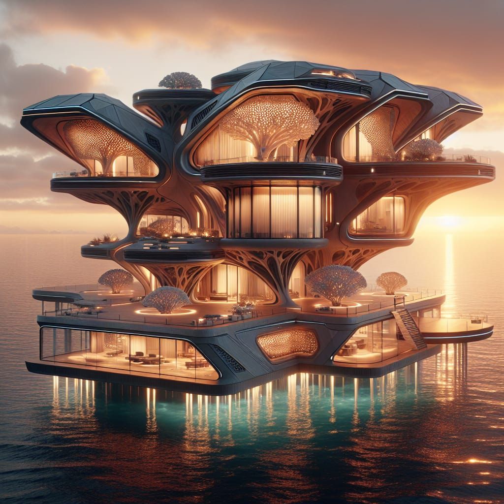 Futuristic Coral Home at Sunset: Digital Matte Painting