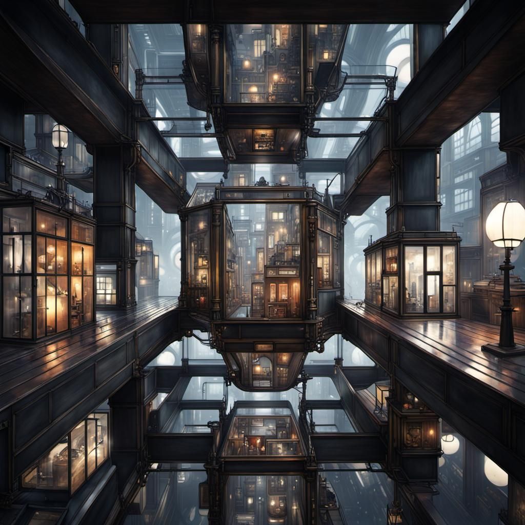 Futuristic Glass City in Glass Cube as Steampunk Art