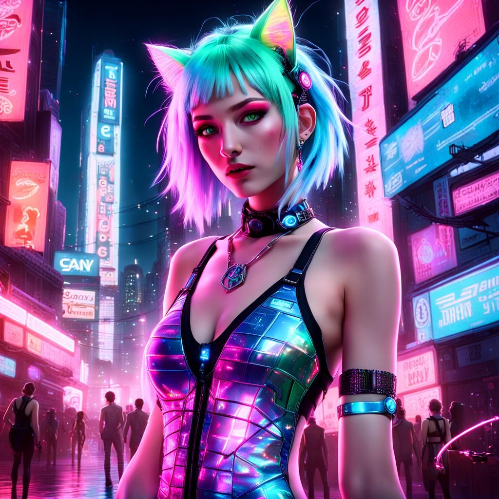 Cyberpunk Anime Neko Girl in Dystopian Cityscape