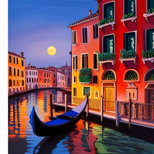 Venice Under Crescent Moon in Gouache Style