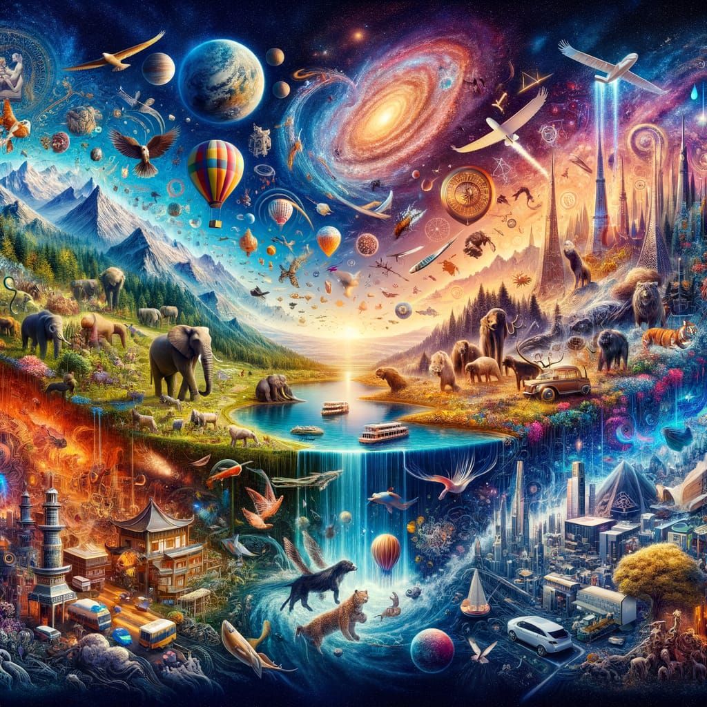 World's Essence Panoramic Artwork: Nature, Cities, Cosmos